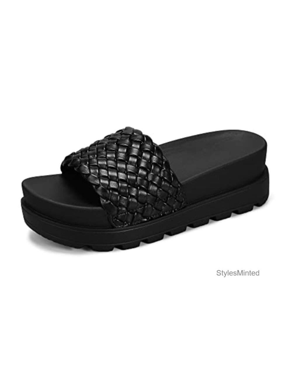 Women's Platform Slide Sandals - Braided Vegan PU Straps, Comfortable Slip-On